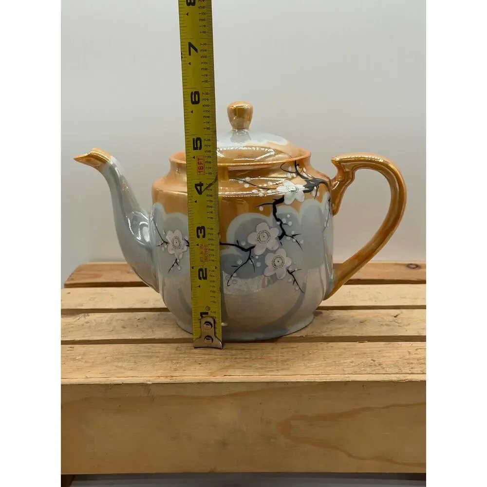 Vintage Hand-Painted Lustreware Teapot with Floral Design and Iridescent Finish